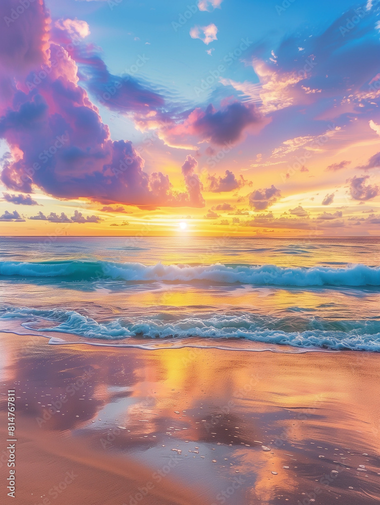 Fototapeta premium Vibrant beach sunset with dramatic clouds, colorful reflections on wet sand, and lively ocean waves.