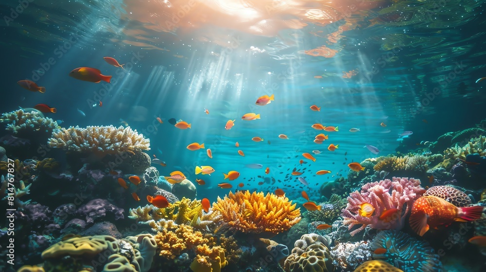 Naklejka premium Underwater view of a coral reef with many colorful fish swimming around.