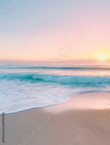 Serene beach scene at sunrise with gentle waves, a pastel sky, and smooth sandy shore. © tisomboon