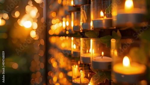 As the sun sets the wall of votive candles becomes the focal point of the outdoor gathering space providing a soft and romantic ambiance for the evening. . photo
