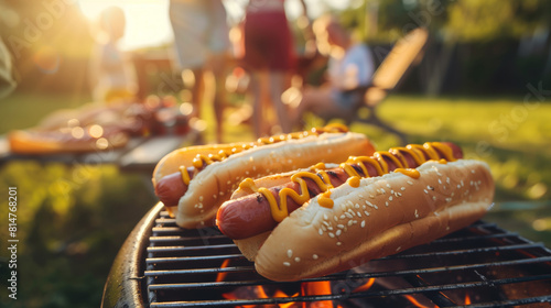 Hot dogs with mustard on a grill at a family barbecue during a sunny day
