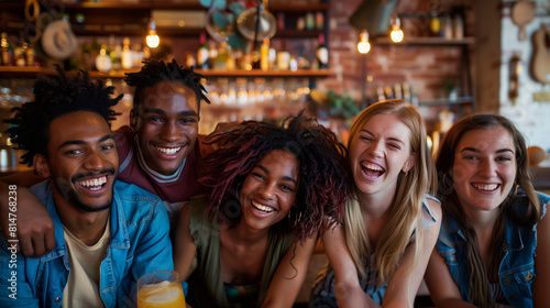 Five friends laugh together in a cozy bar setting, radiating happiness and camaraderie photo