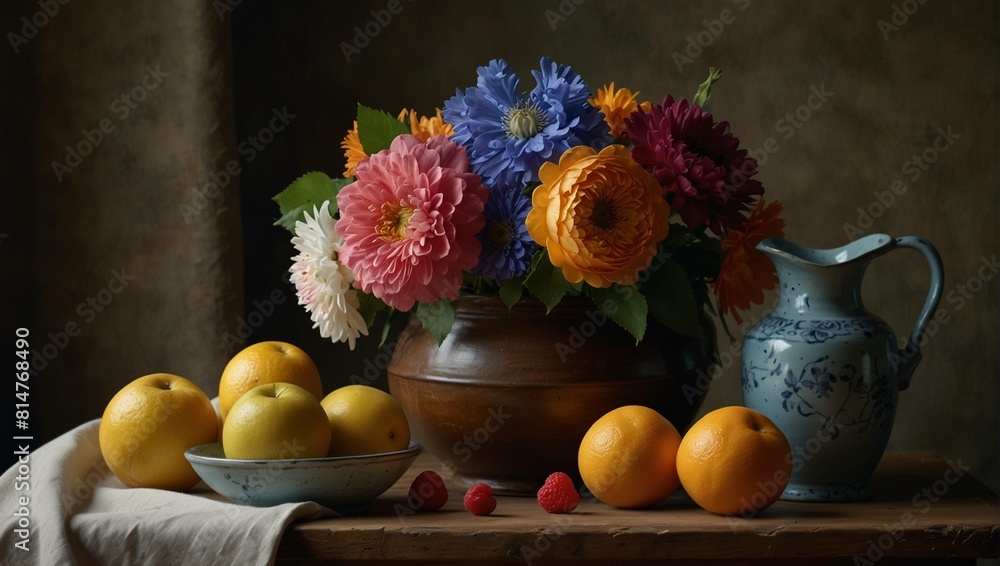 still life with apples and flowers