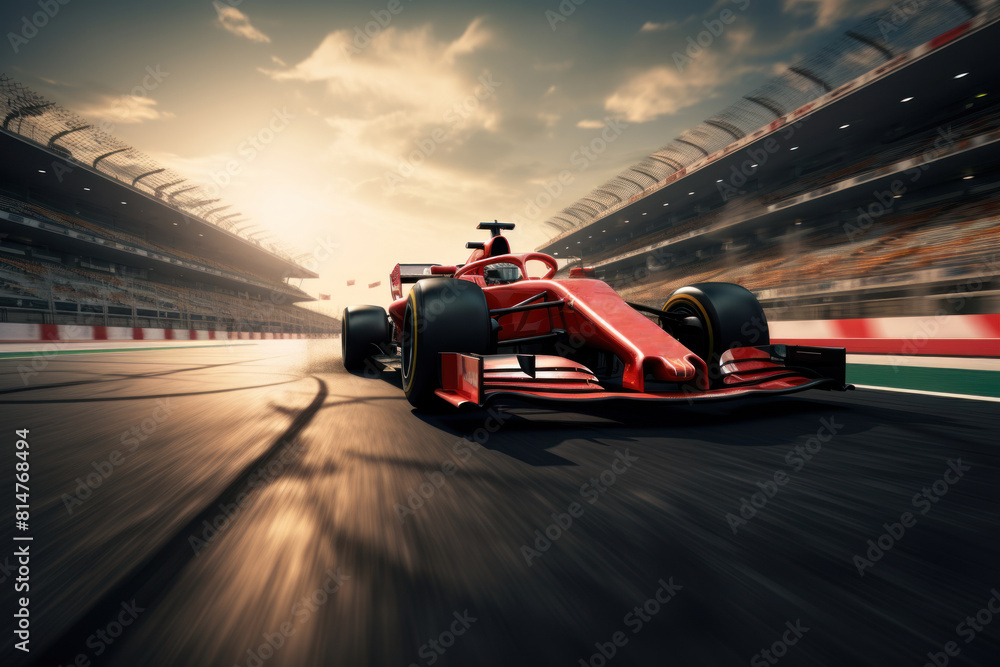 Fototapeta premium Red formula car racing on the track at sunset. Racing car competitions