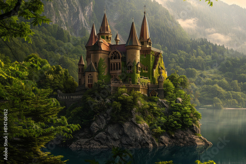 An enchanting fairy tale castle perched atop a verdant hilltop, overlooking a tranquil lake and lush forest below, with turrets, spires, and ivy-covered walls.