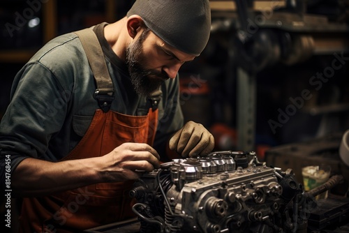 Portrait of a bearded man working in a car repair shop.