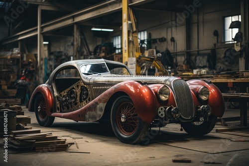 Old car in the garage. Retro car in a workshop. Classic car. photo