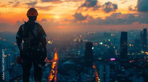Silhouette of worker on urban skyscraper with safety gear.