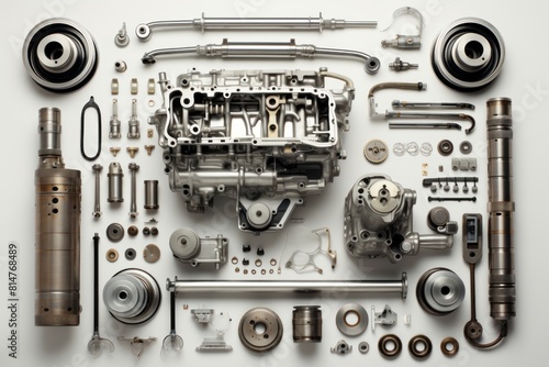 Car parts and spare parts on a white background. Top view.