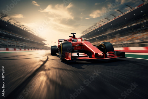 Red formula car racing on the track at sunset. Racing car competitions