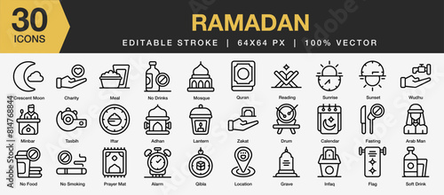 Set of 30 Ramadan icon set. Editable Stroke Icon Collection. Includes lantern, Muslim, kaaba, prayer, masque, and More. Outline icons vector collection.