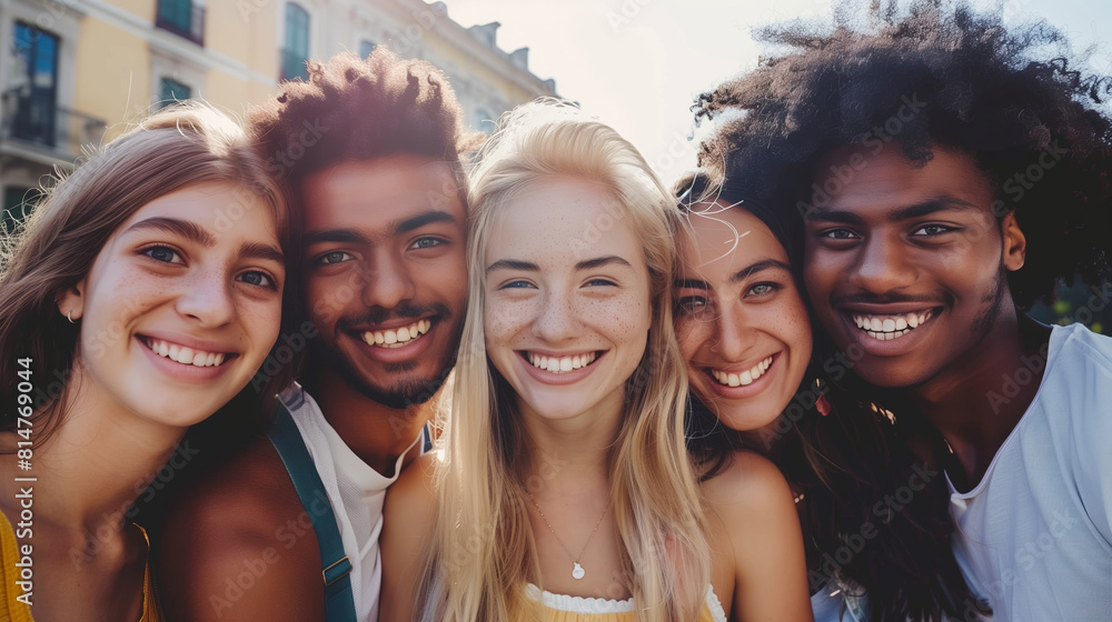 Five diverse friends smiling brightly, close together, outdoors in the city