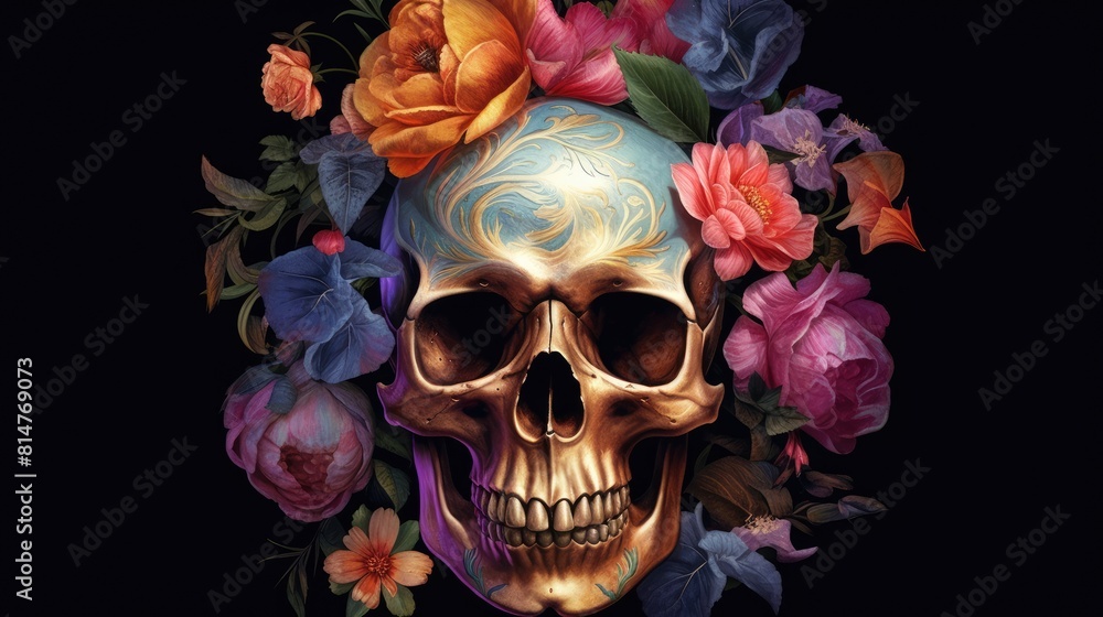 Skull adorned with vibrant roses on a black background Skull adorned with vibrant roses on a black background