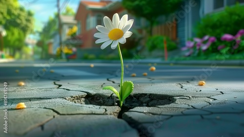 Urban Resilience: Daisy Triumphs Over City Asphalt in Cartoon-Inspired Style