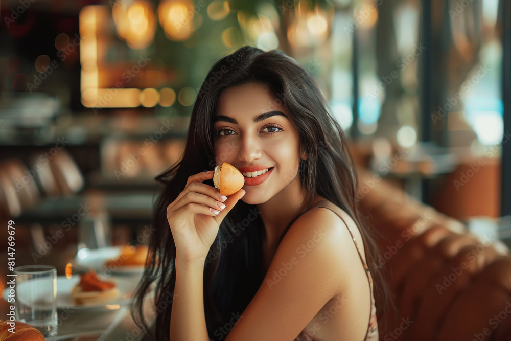 young indian woman eating burger at cafe young indian woman eating burger at cafe