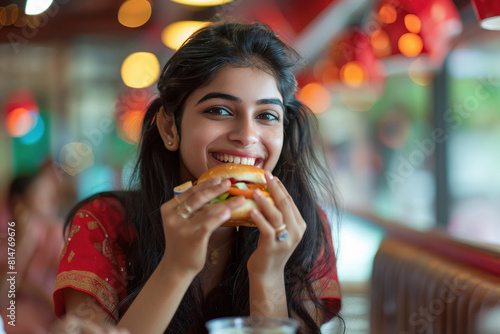 young indian woman eating burger at cafe
