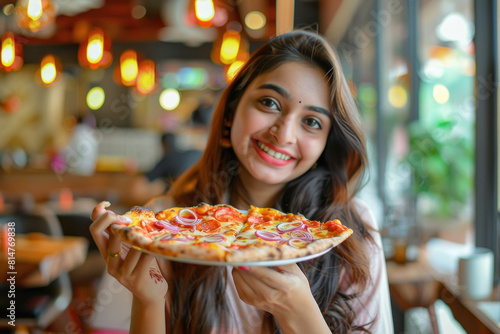 Indian woman eating pizza