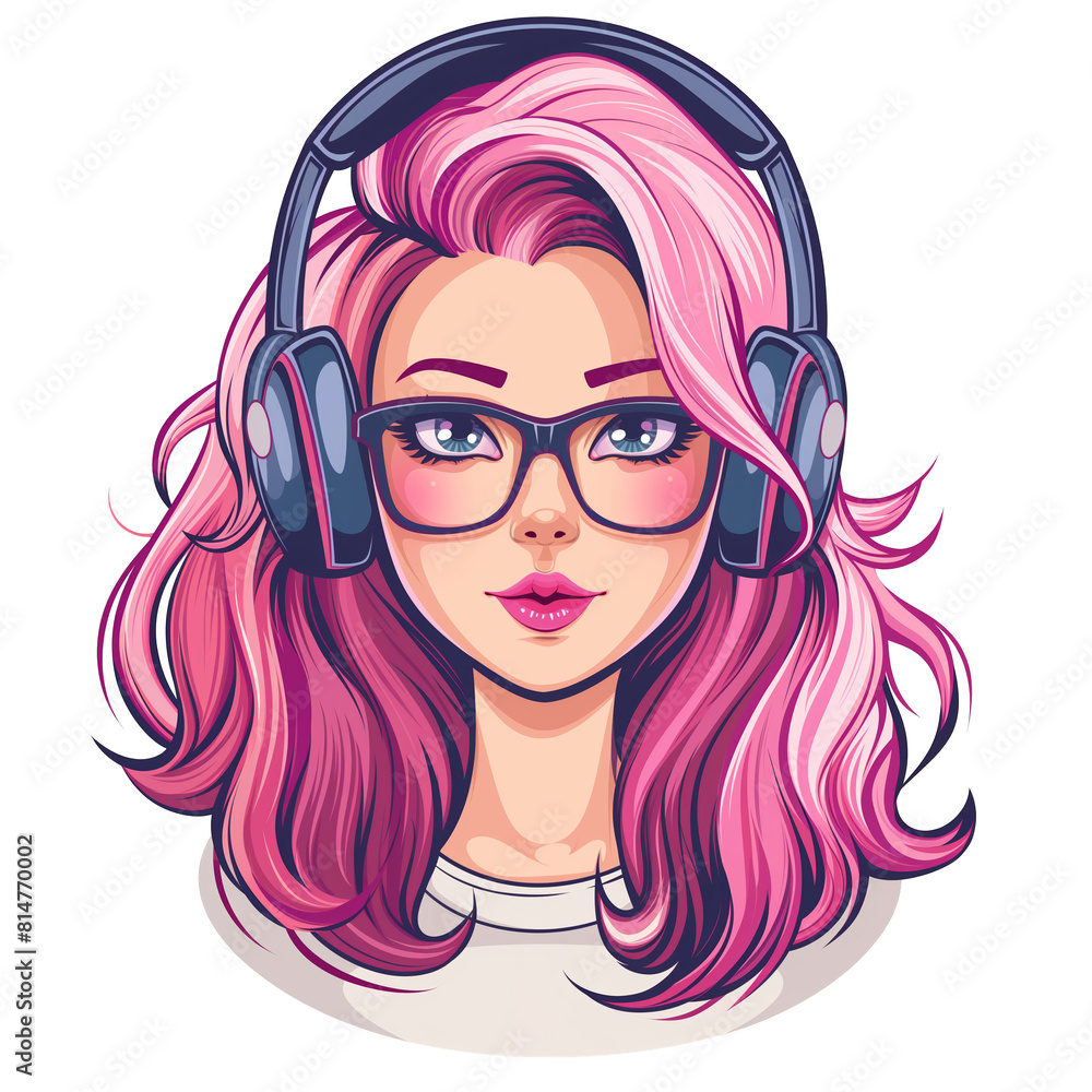 girl with pink hair wearing headphones and glasses . Clipart PNG image . Transparent background . Cartoon vector style girl with pink hair wearing headphones and glasses . Clipart PNG image . Transparent background . Cartoon vector style