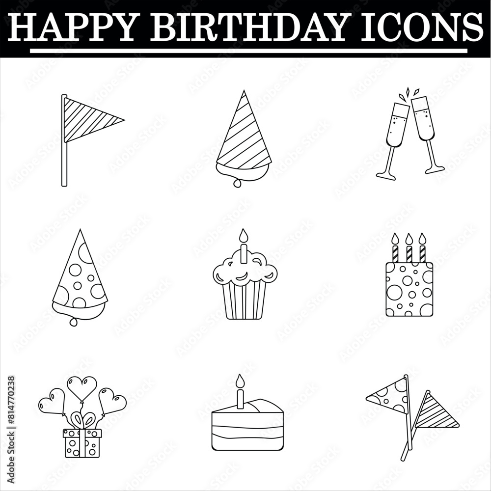 Set of birthday outline icons on the white background. Celebration icons. Isolated vector.