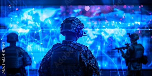 Military surveillance officers monitor screens in central office for national security. Concept National security, Surveillance officers, Monitoring screens, Military operations, Central office