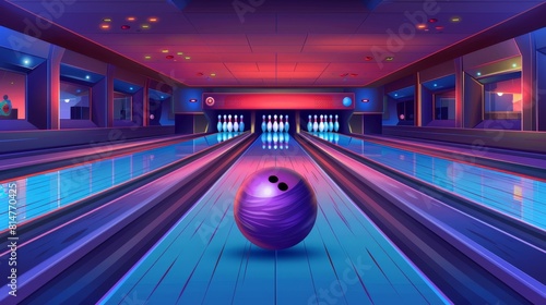 A bowling ball on a lane with pins Banner of bowling game Sport concept photo