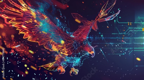 An actionpacked illustration of a cybernetic eagle swooping down to protect a blockchain from external threats