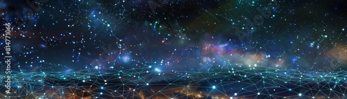 An artistic depiction of a neon blockchain web extending across a dark  starfilled sky  representing infinite possibilities