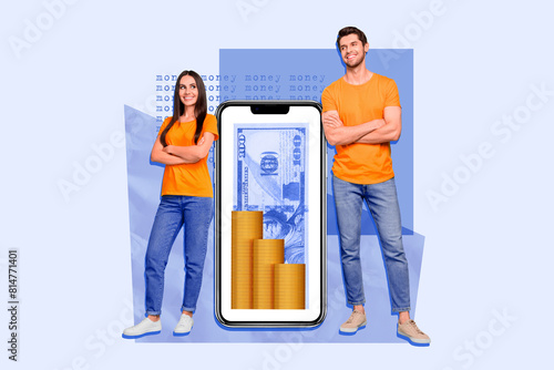 Composite photo collage of two happy girl guy business people big iphone device screen income money profit isolated on painted background