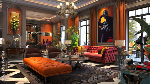 Trendy living room furnished with vibrant and chic furniture, offering a stylish retreat