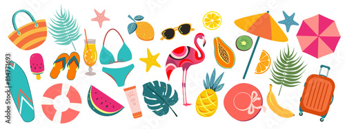 Set of summer elements.Tropical leaves,pink flamingos,sunglasses,beach umbrellas,fruits.Vector illustration.
