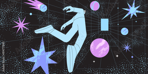 People wearing VR glasses and floating in space. Vector metaverse and new network for character gamers. Future innovations and communication concept. Entertainment and visual experience technology.