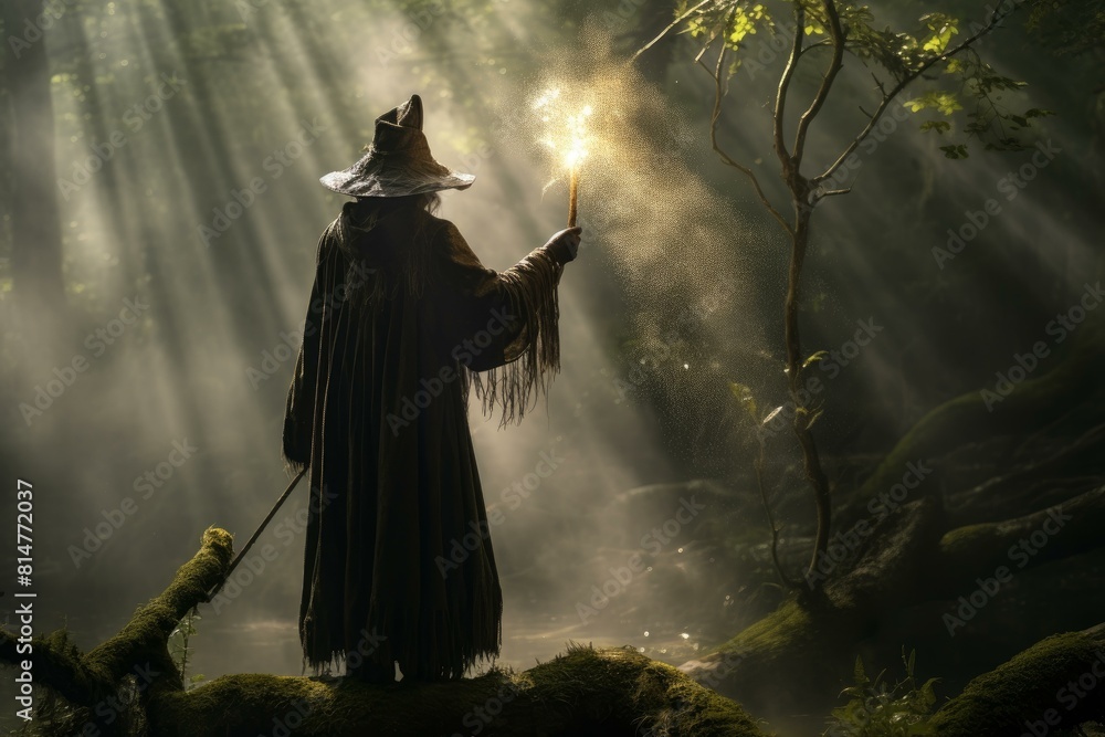 Wizard in a mystical forest works magic with a glowing wand under sunlight rays