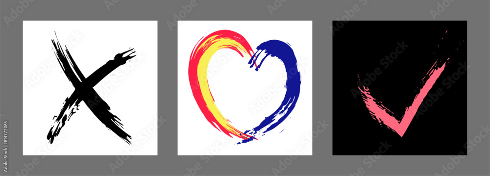 The cross, heart and OK symbol are hand-drawn with a brush. Prohibition, denial, error. Love. Approval, consent. Vector, set of 3 characters The cross, heart and OK symbol are hand-drawn with a brush. Prohibition, denial, error. Love. Approval, consent. Vector, set of 3 characters