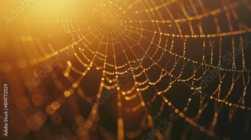 Hyper-realistic spider web with morning dew droplets reflecting sunlight © ChubbyCat