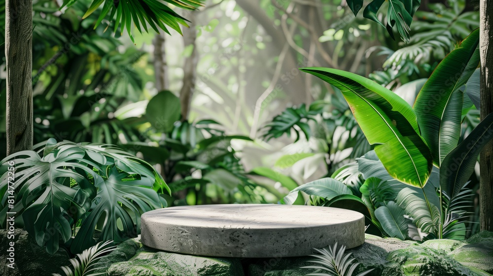 Concrete podium set against a dense, lush jungle backdrop, ideal for product presentations, eco-friendly product ads, or nature-cosmetic visual content Concrete podium set against a dense, lush jungle backdrop, ideal for product presentations, eco-friendly product ads, or nature-cosmetic visual content