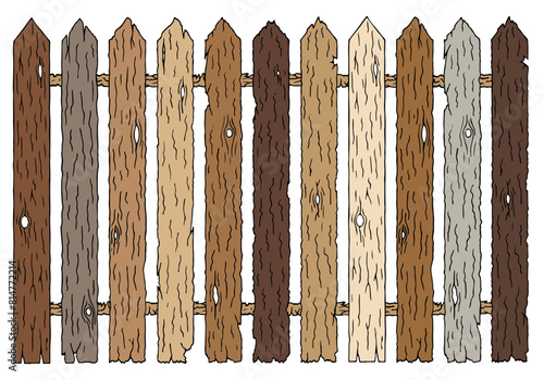 An old fence made of different types of wood. Tree color palette. Freehand drawing. Doodle. Hand Drawn. Outline.