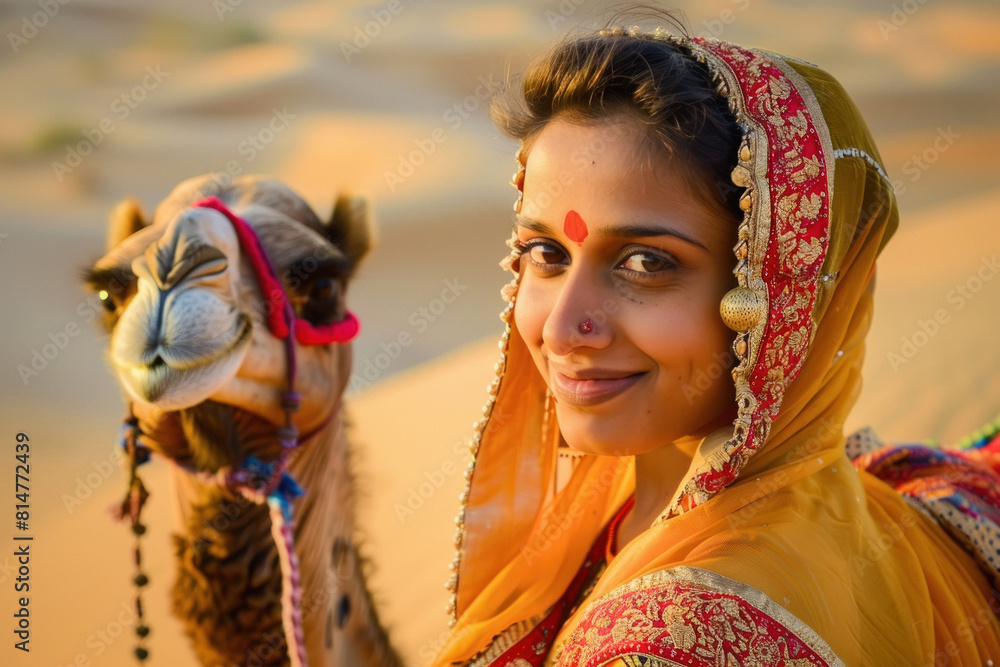 Indian woman posing with camel animal