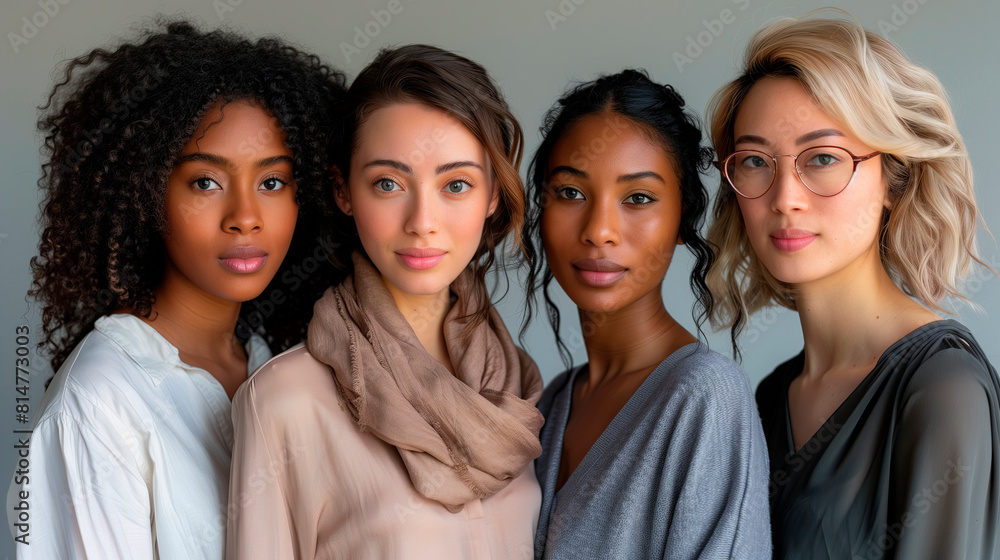 Portrait of multicultural women together, symbolizing unity and diversity, ideal for discussions on racial harmony, beauty campaigns, or diversity in fashion editorials Portrait of multicultural women together, symbolizing unity and diversity, ideal for discussions on racial harmony, beauty campaigns, or diversity in fashion editorials