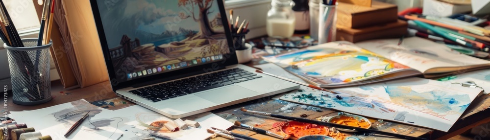 An artists workspace with a laptop, surrounded by sketches and a paint palette, inspiring creativity An artists workspace with a laptop, surrounded by sketches and a paint palette, inspiring creativity