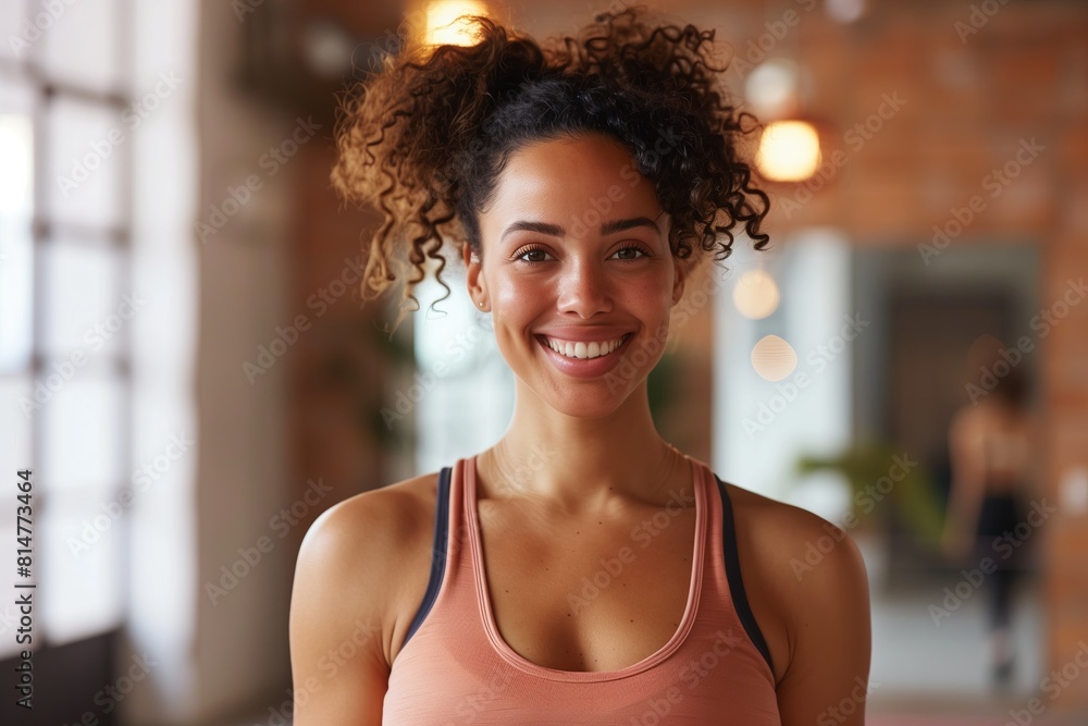 Smiling young woman in a fitness gym, wearing a workout tank top, perfect for fitness apps, gym promotions, and health lifestyle blogs