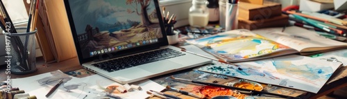 An artists workspace with a laptop, surrounded by sketches and a paint palette, inspiring creativity