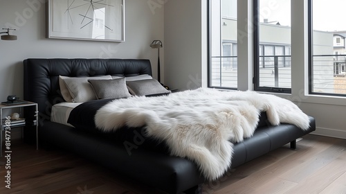 A contemporary bedroom with a sleek black bed frame and a white fur throw photo