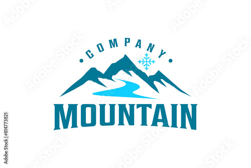 Outdoor design logo rocky snowy mountain peak with flowing river.