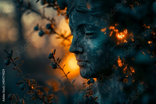 the sun is setting behind a statue that stands in front of trees