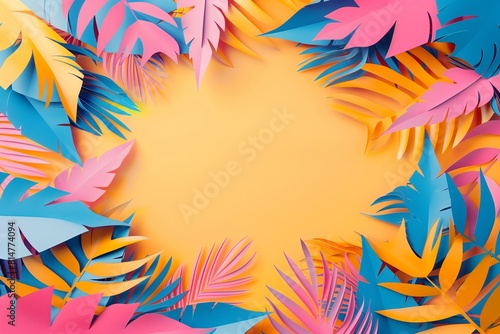 Colorful tropical leaves arranged on a yellow background, perfect for vibrant designs, summer invitations, and botanical graphics