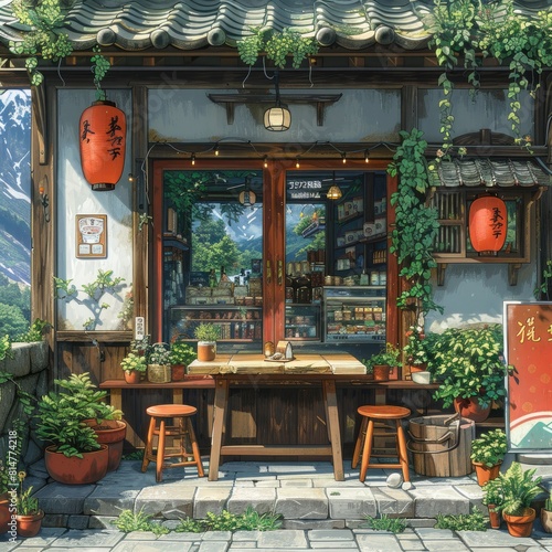 The image shows a beautiful Japanese restaurant with a traditional wooden facade and red lanterns