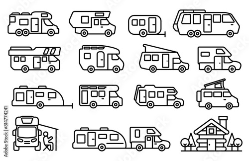Camper van line icon collection