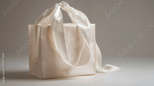A studio shot with a neutral background  highlighting the pristine whiteness of the paper bag and the luxurious sheen of the silk handles under perfect lighting conditions.