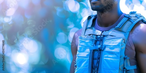 Special cooling vests regulate body temperature in hot environments to prevent heat stress. Concept Cooling Vests, Body Temperature Regulation, Heat Stress Prevention, Hot Environments photo