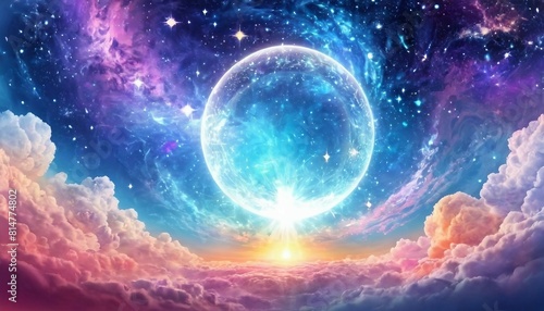 Abstract celestial meditation background with serene cosmic landscapes and spiritual motifs.